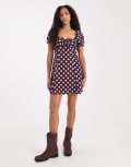 [New Look] New Look spot crinkle milkmaid mini dress in red 8 69-Red Pattern