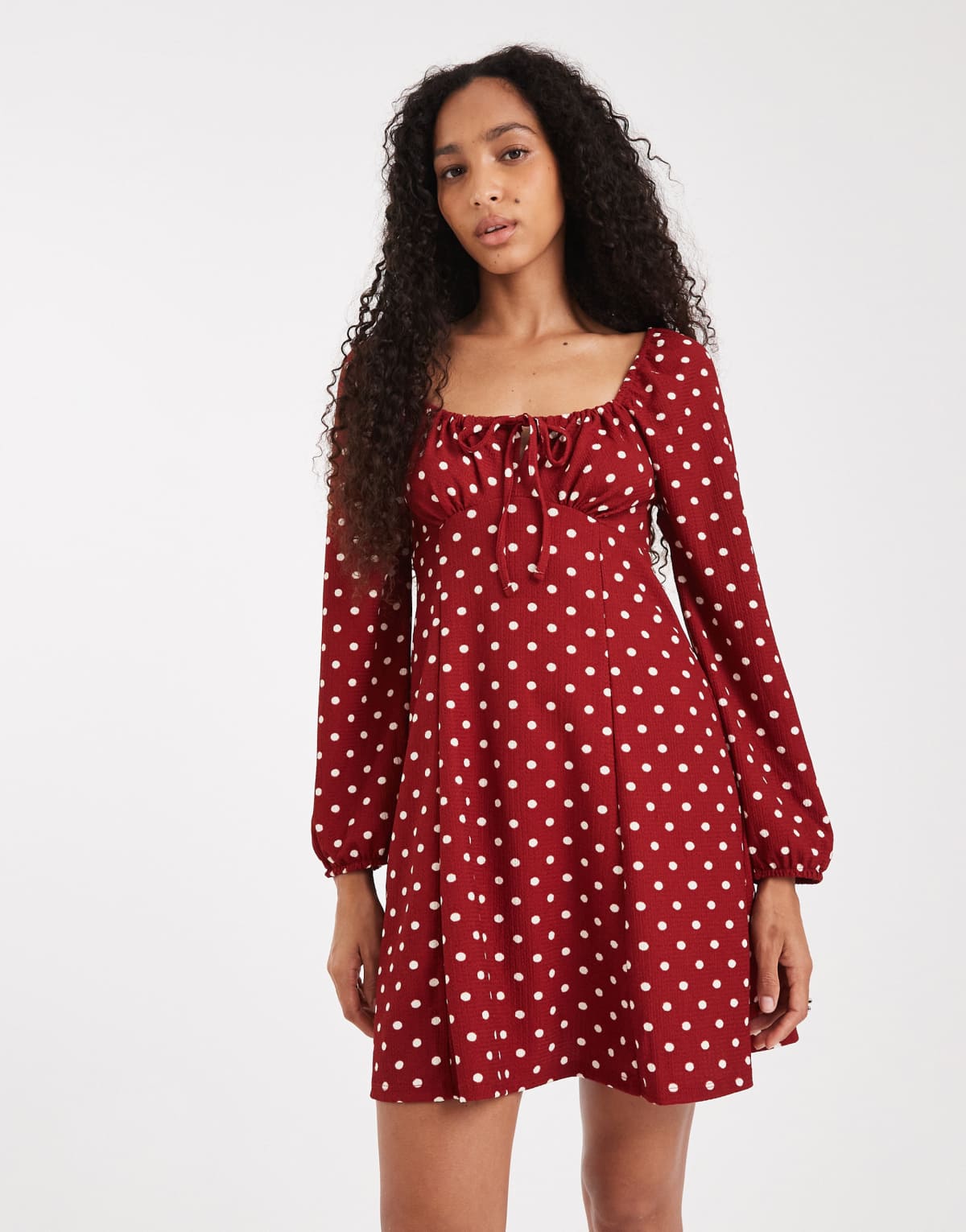 New Look spot long sleeve milkmaid mini dress in red