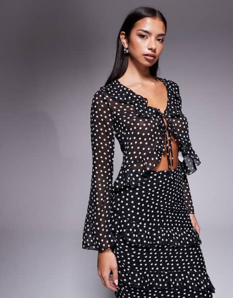 New Look spot ruffle tie blouse in black (Part of a set) - view 1