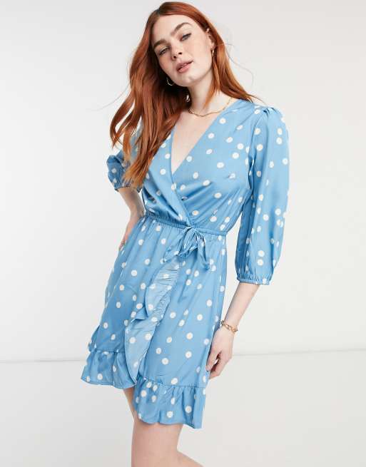 New Look spot wrap tiered mini dress in blue pattern