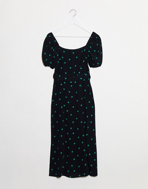 New Look square neck belted midi dress in polka dot