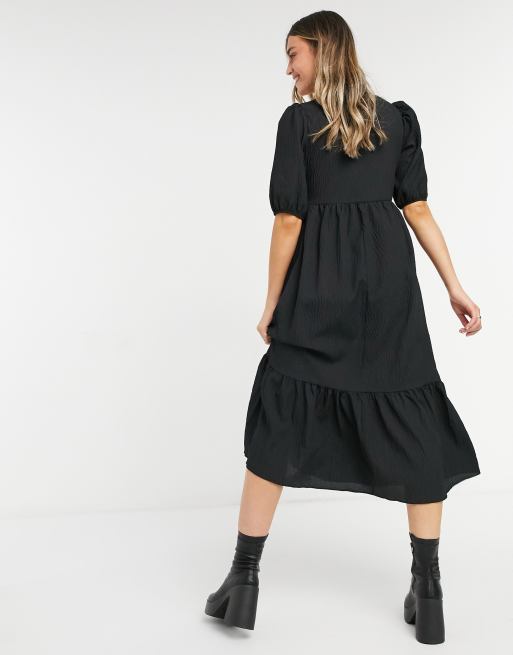 New Look square neck crinkle midi smock dress in black ASOS