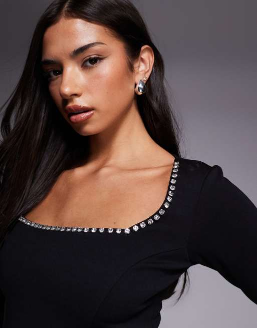 New Look square neck diamante detail mini dress in black, 4 of 4