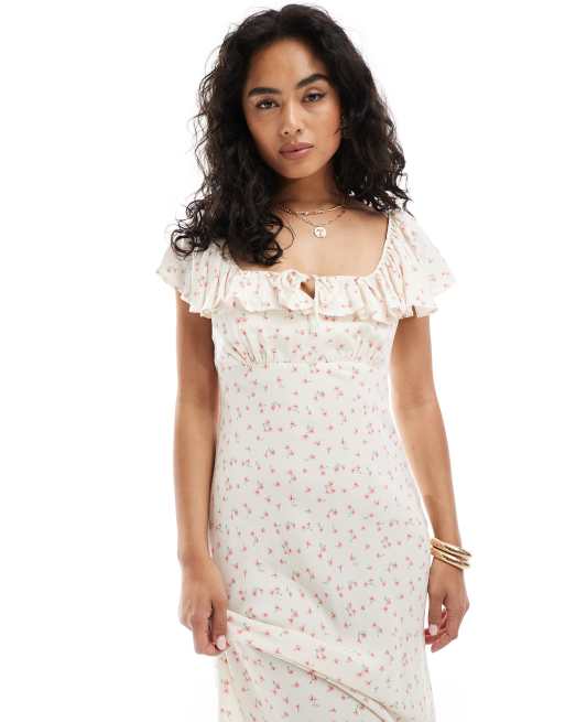 New Look square neck ditsy floral midi dress in cream, 3 of 4