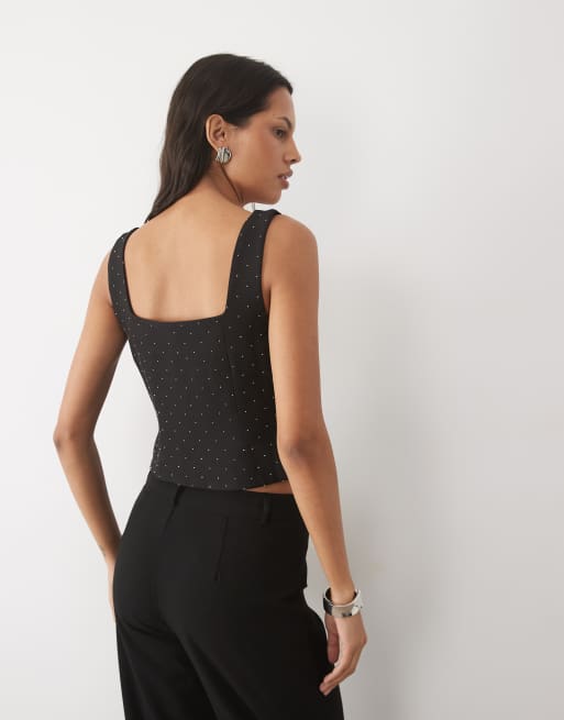 New Look square neck hotfix top in black, 3 of 4