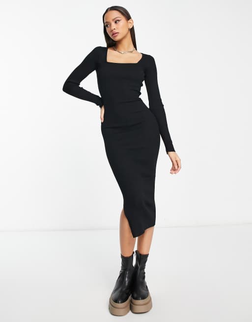 New Look square neck knitted midi dress in black