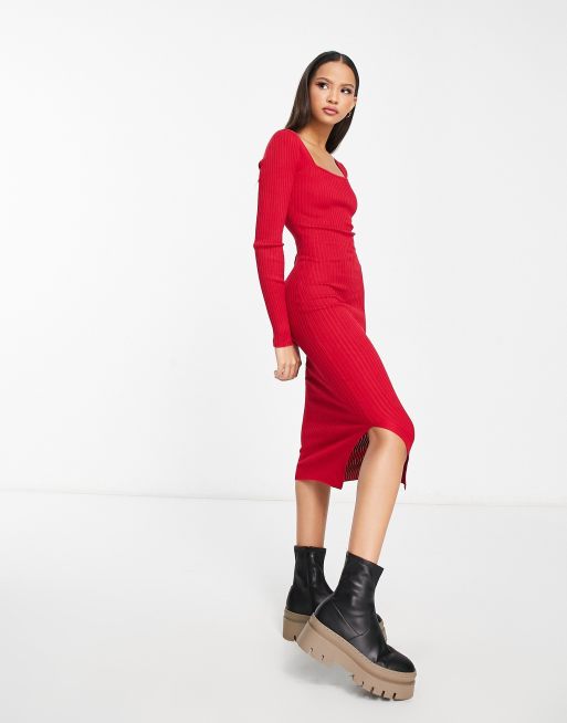 The Red Square Neck Ribbed Midi Dress - Red Ribbed Knit Bodycon Midi Dress  - Red - Dresses