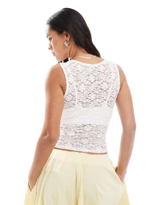 New Look square neck lace singlet in white, 4 of 4