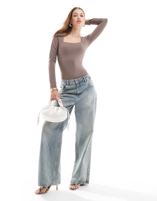 New Look square neck long sleeve thong bodysuit in mink, 2 of 4
