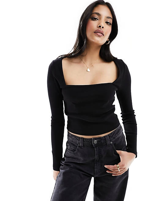 New Look square neck long sleeve top in black | ASOS
