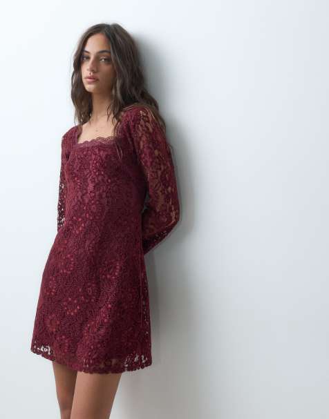 New Look square neck long sleeved lace mini dress in burgundy - view 1