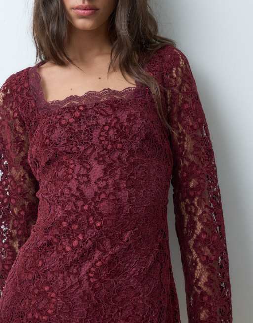 New Look square neck long sleeved lace mini dress in burgundy, 2 of 5