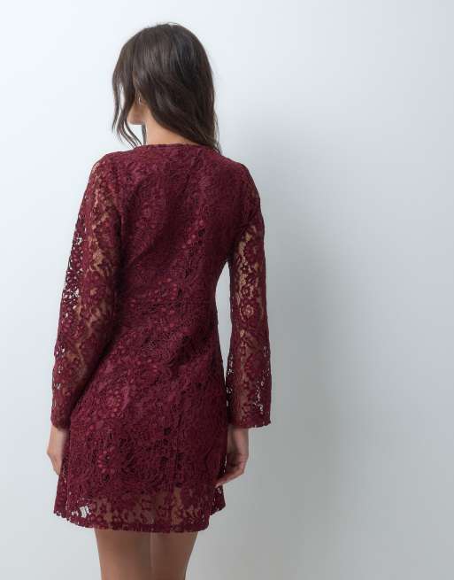 New Look square neck long sleeved lace mini dress in burgundy, 5 of 5