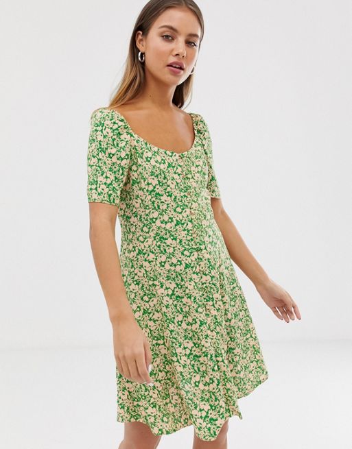 New Look Square Neck Mini Dress In Green Floral Print Asos 2203