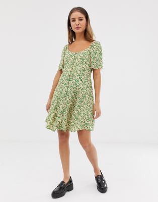 green floral square neck dress