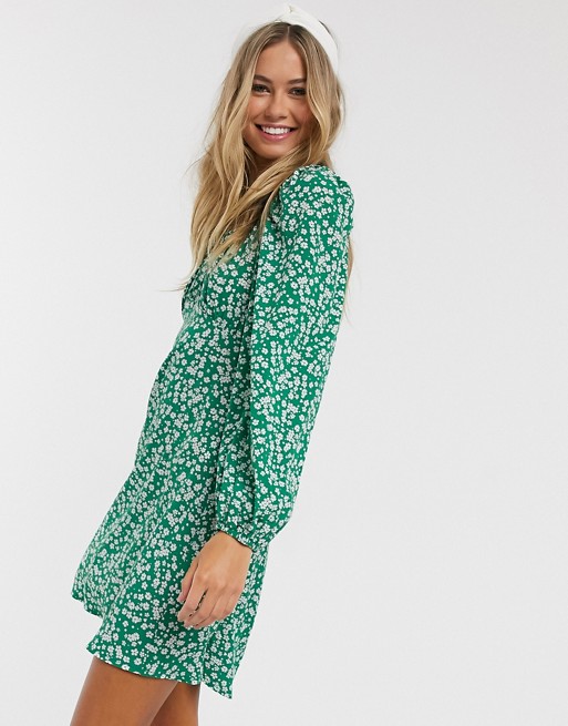 New Look square neck mini dress in green floral print