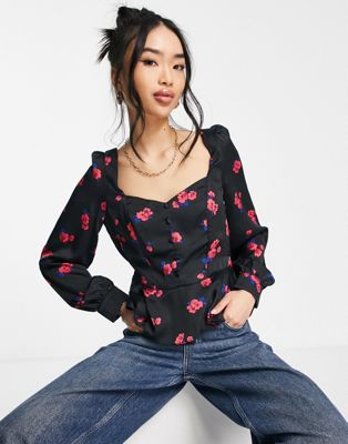 New Look square neck puff sleeve blouse in black floral print - ASOS Price Checker