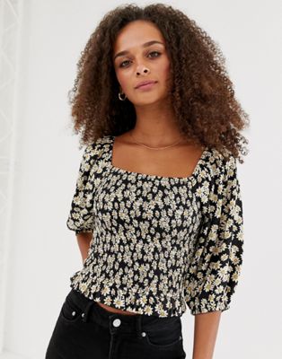 New Look square neck puff sleeve blouse in black pattern | ASOS