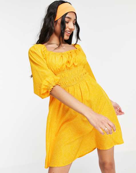 New Look square neck puff sleeve midi dress in orange spot print - view 1