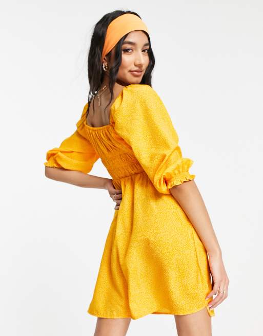 New Look square neck puff sleeve midi dress in orange spot print, 2 of 4