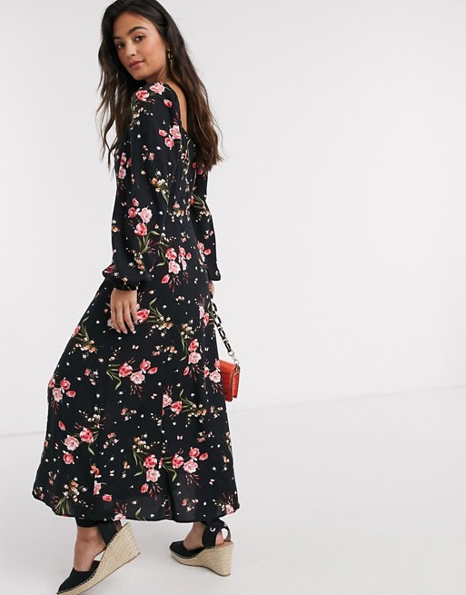 New Look square neck puff sleve midaxi dress in dark based floral