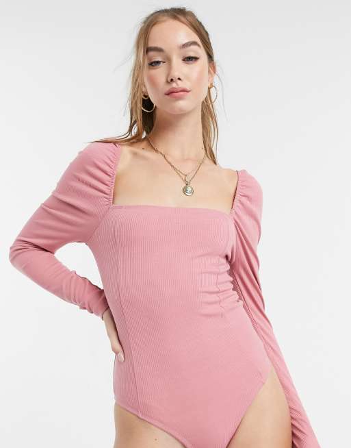 New Look square neck seamed bodysuit in pink