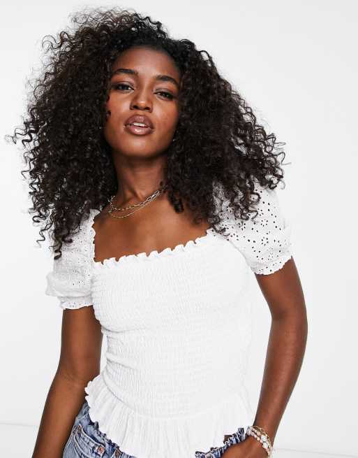 New Look square neck shirred broderie top with puff sleeves in