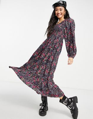 New Look square neck shirred floral midi dress in black floral