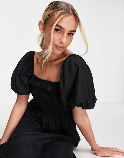 New Look square neck shirred puff sleeve midi dress in black, 4 of 4