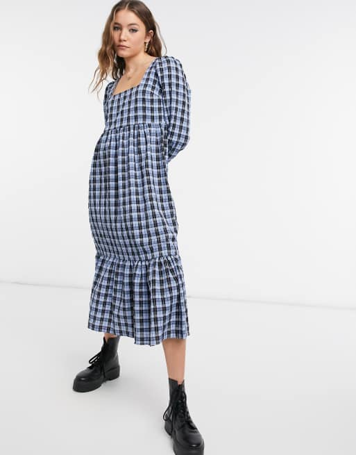 New Look square neck smock midi dress in blue check