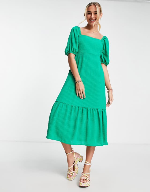 New Look square neck textured midi dress in green