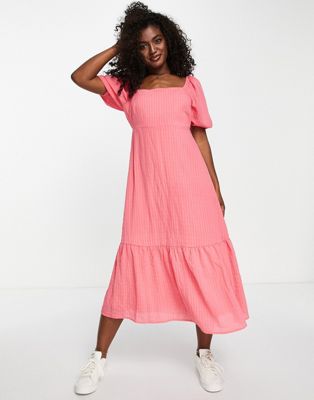 New Look square neck textured midi dress in pink