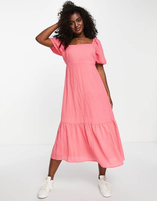 New Look square neck textured midi dress in pink ASOS