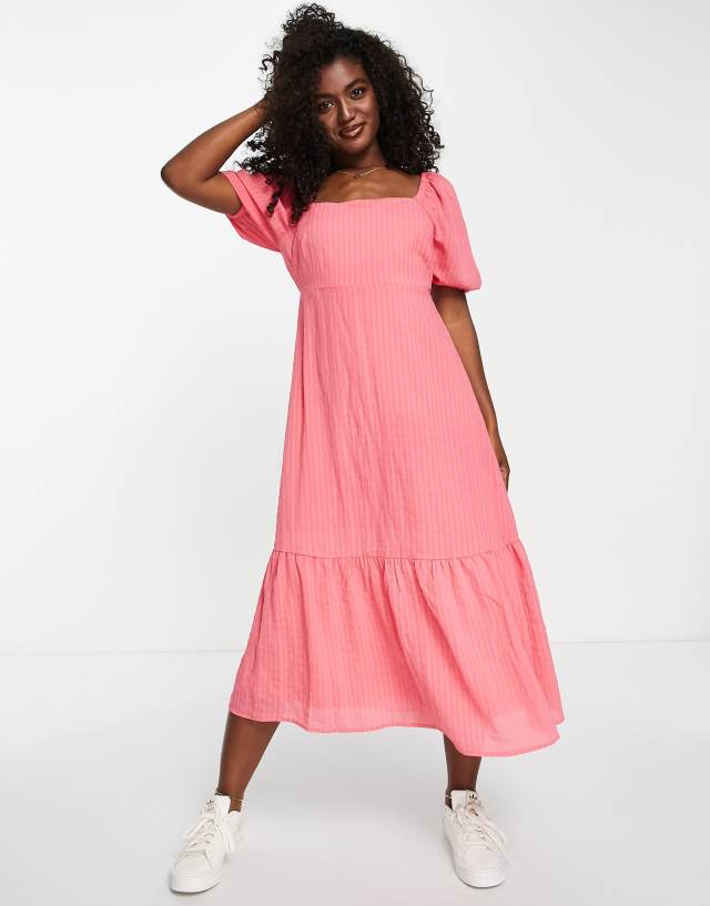 New Look - square neck textured midi dress in pink