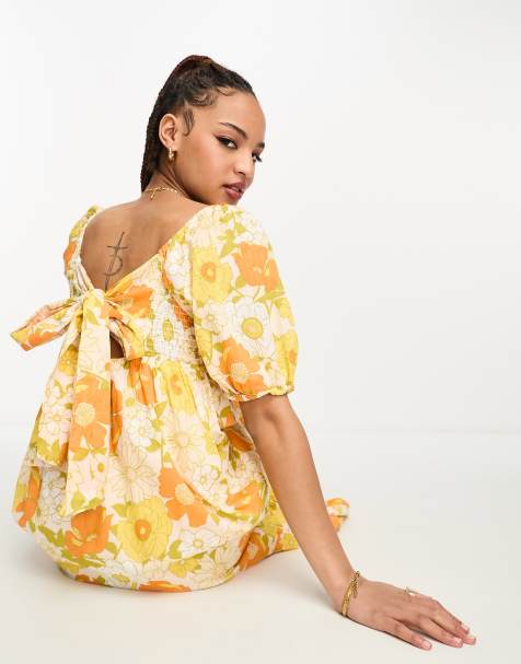 New Look square neck tiered midi dress in orange retro print - view 1