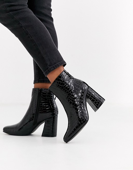 New Look square toe flare heel croc boot in black