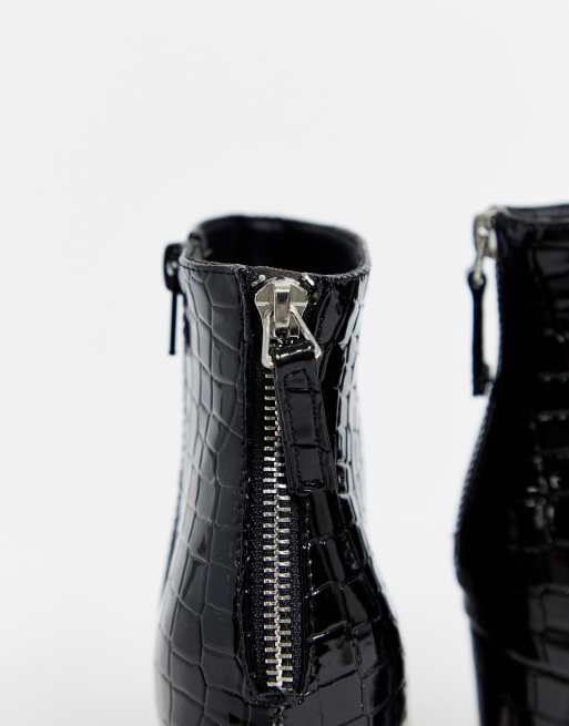 New Look square toe flare heel croc boot in black, 3 of 4