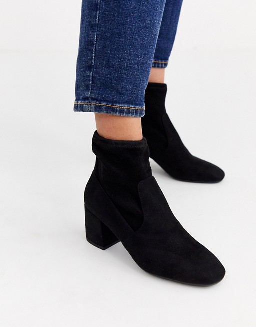 New Look square toe heeled sock boot in black