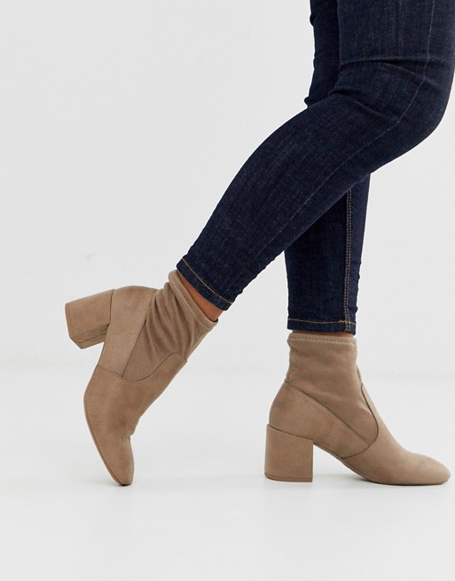 New Look square toe heeled sock boot in PU in taupe