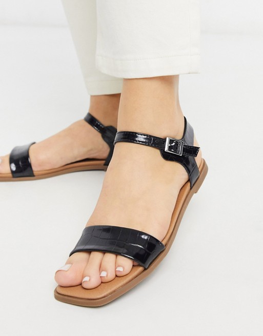 New Look square toe leather look flat sandals in black croc