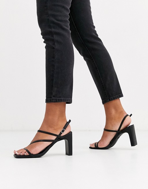 New Look square toe leather look heeled sandals in black