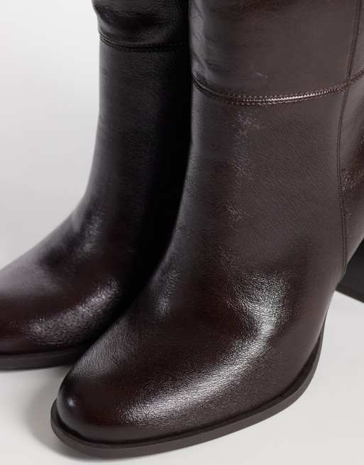 New Look stacked heel knee high boot in deep burgundy, 3 of 4