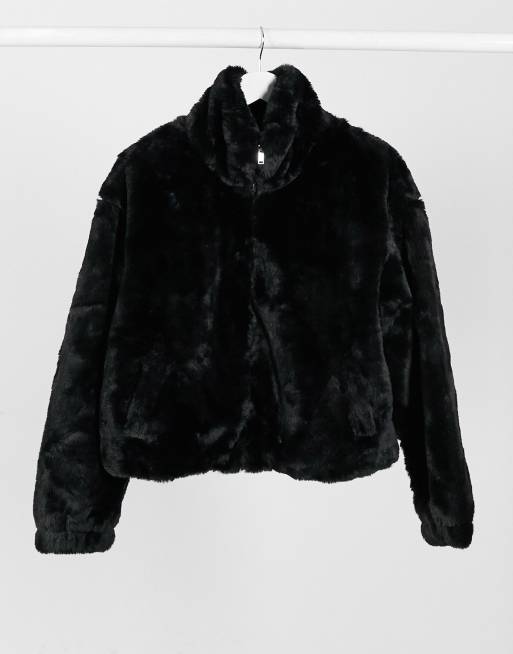 New Look stand neck faux fur bomber jacket in black