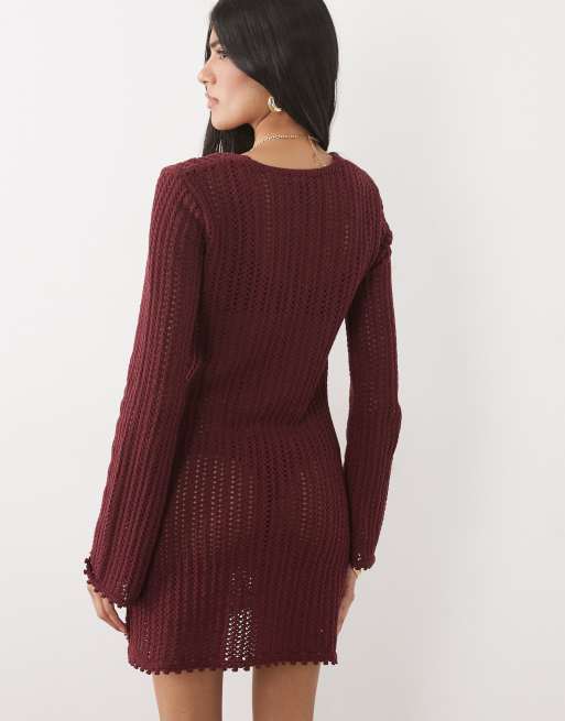 New Look star trim crochet beach kaftan in burgundy, 4 of 4