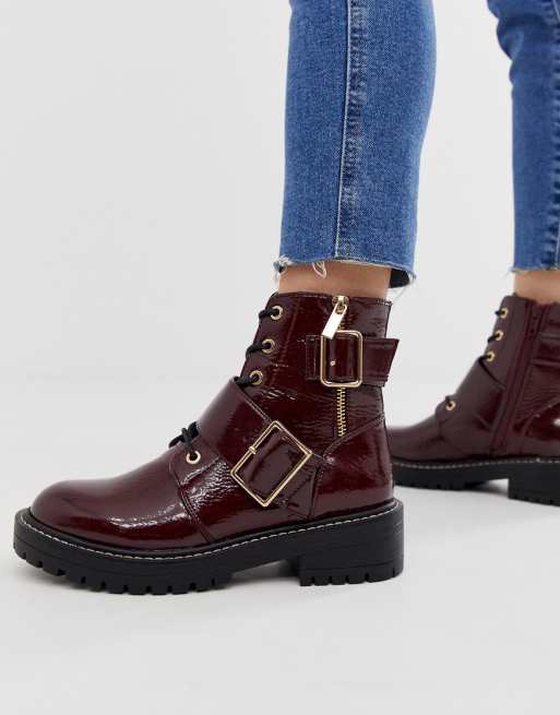 New Look stitch detail chunky flat boots in dark red | ASOS