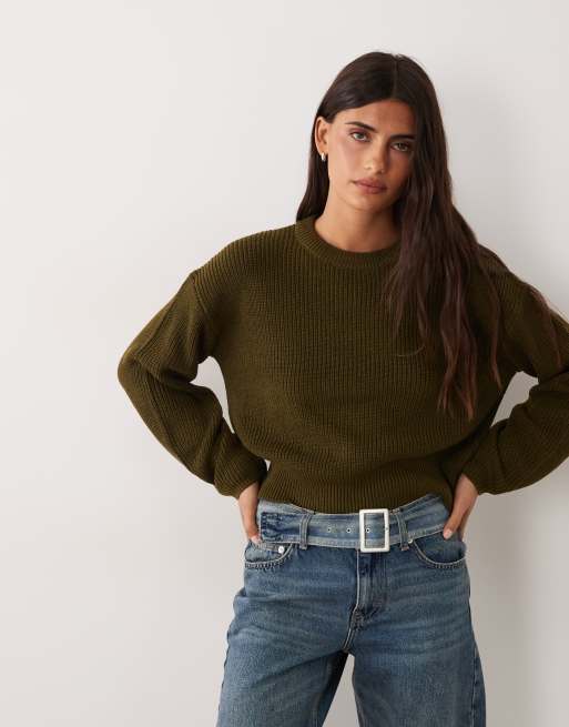 New Look stitchy jumper in khaki, 3 of 4