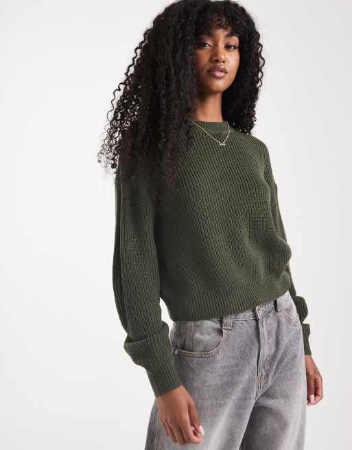 New Look stitchy sweater in khaki green