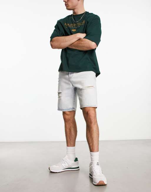 New Look straight fit denim shorts with raw hem in light blue, 4 of 4