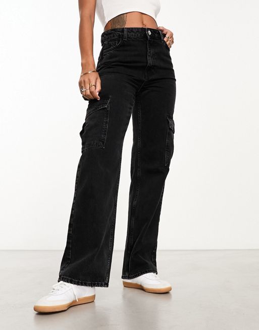 Women Black Denim Staright Fit Cargo Jeans
