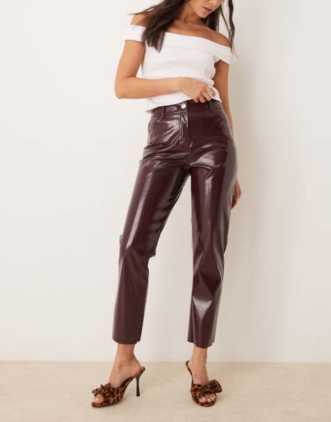 New Look straight leg vinyl trousers in burgundy - view 1